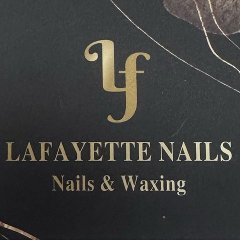 The Lafayette Nails logo: a gold LF monogram above “Lafayette Nails, Nails & Waxing” on a dark card