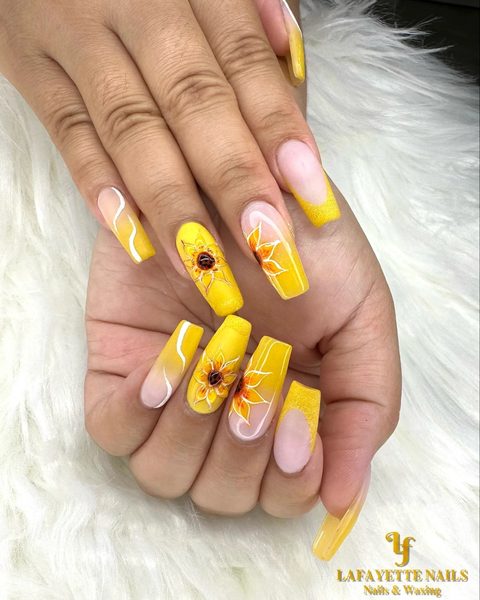 Sunny yellow and nude square nails with hand-painted sunflowers